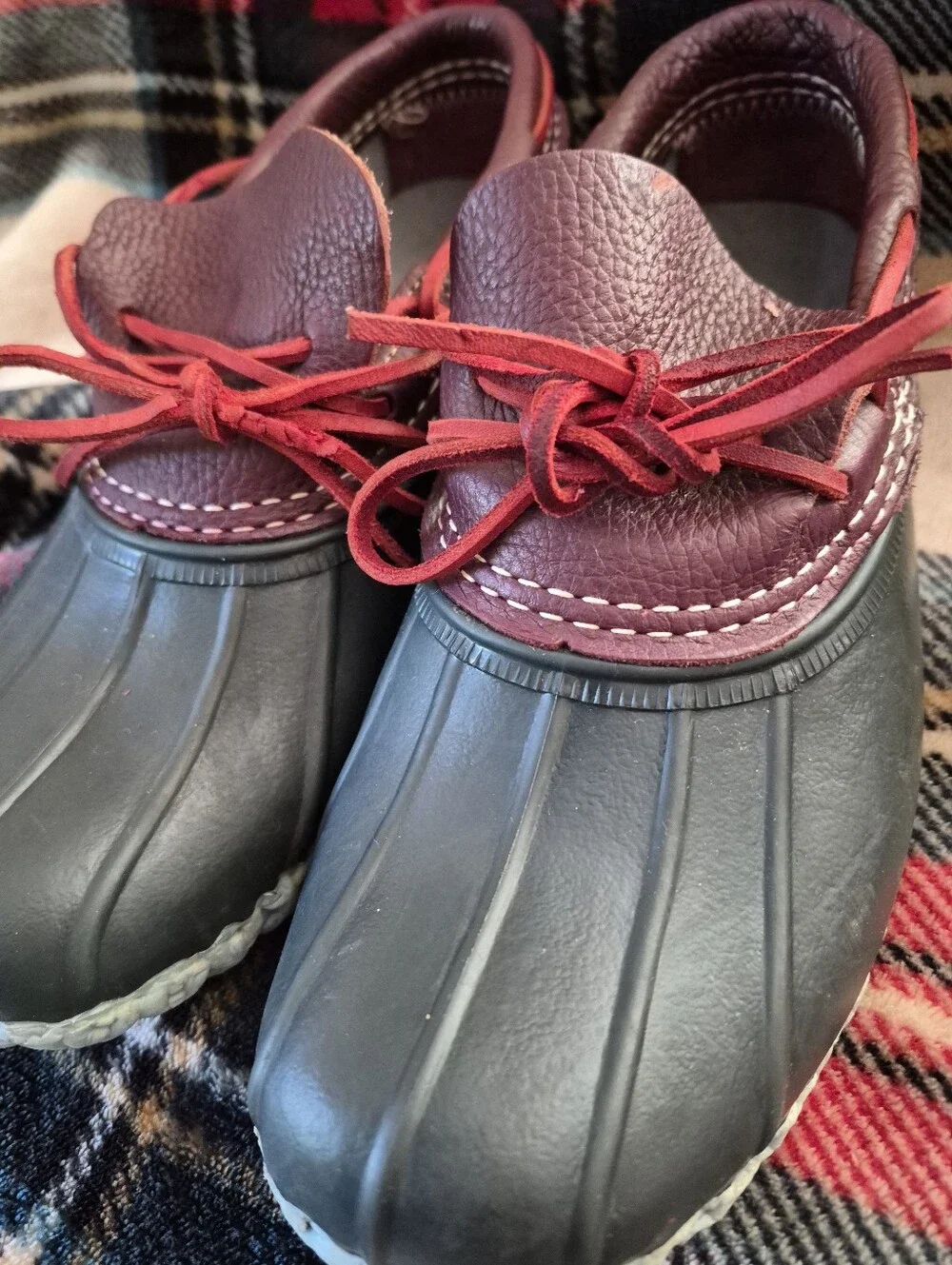 LL BEAN Made I Maine! Burgundy Leather & Black Rubber Duck Boots with Red Laces